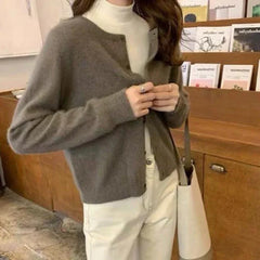 Aiertu Cold Weather Outfits Fall Solid Color Knitted Cardigan Women Korean Single Breasted Long Sleeve Jumper Woman Round Neck All Match Sweater Outwear Top Aiertu
