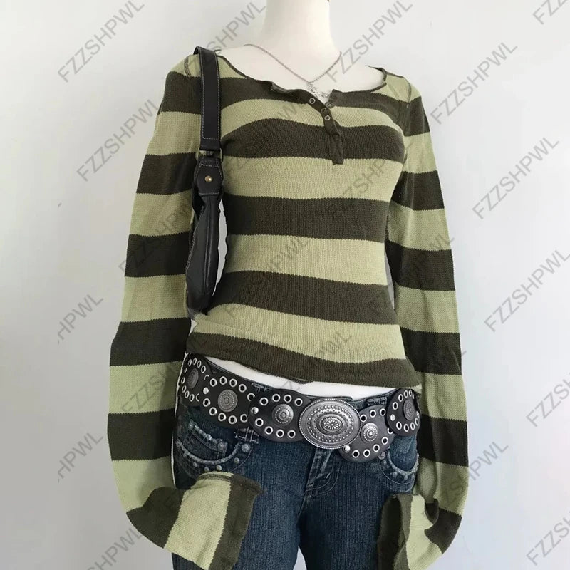 AIERTU  -  Vintage vibe Stripe Harajuku Streetwear Y2k Knitted sweater Hotsweet Punk Women Clothes Fashion Punk Pullover Gothic Knitt Top Aiertu