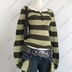 AIERTU  -  Vintage vibe Stripe Harajuku Streetwear Y2k Knitted sweater Hotsweet Punk Women Clothes Fashion Punk Pullover Gothic Knitt Top Aiertu