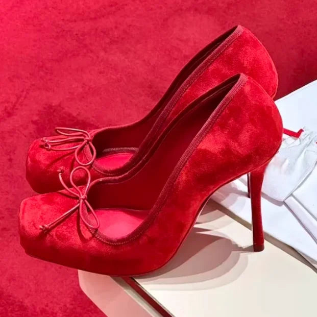 AIERTU  -  Fashionable and Versatile Red Square Toe Thin Heel Shallow Mouth Ballet Shoes with Bow Tie Single Shoes for Women's High Heels Aiertu
