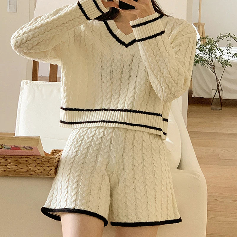 Women Two Piece Sets Long Sleeve Knitted Tops And Shorts Casual Suit Solid Office Sets For Women 2024 Autumn Winter Aiertu