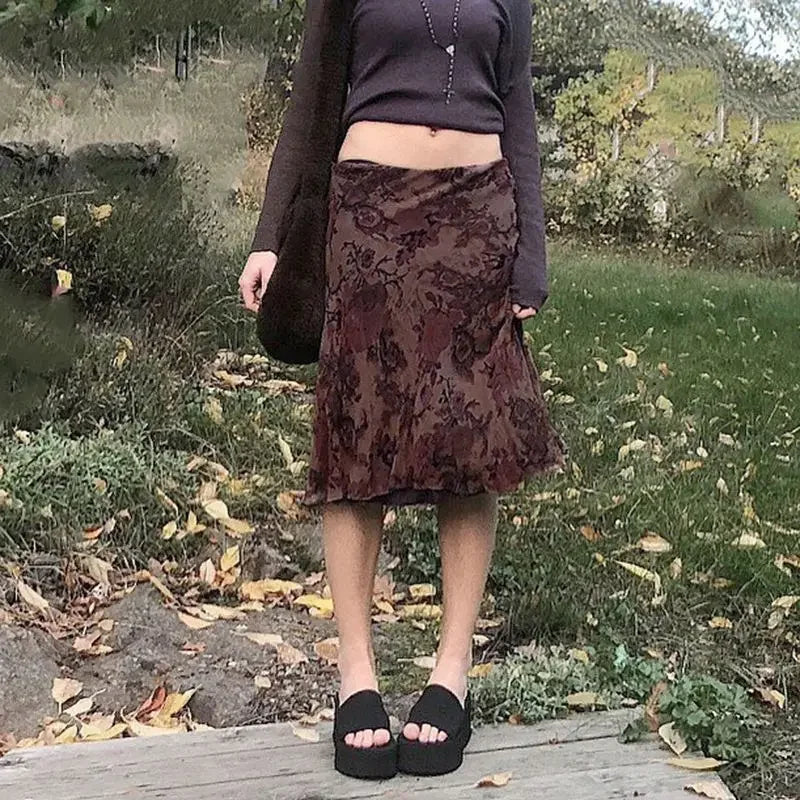 Aiertu Harajuku Vintage Long Skirts Women Floral Print Gothic Retro Skirts Grunge Aesthetic Streetwear Punk A Line Midi Skirt Aiertu