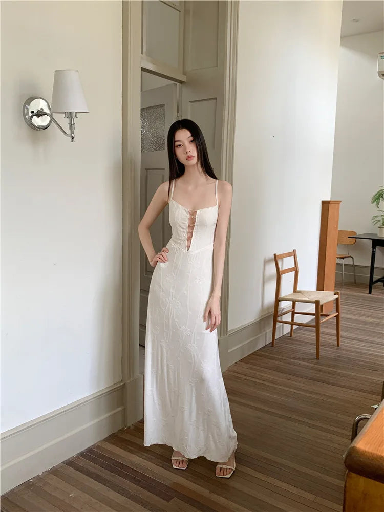 AIERTU  -  Women Dress New Chinese Style Patterned Chest Bead Hollow Out Backless Sleeveless High Waist Slim Vacation Sling Long Dresses Aiertu