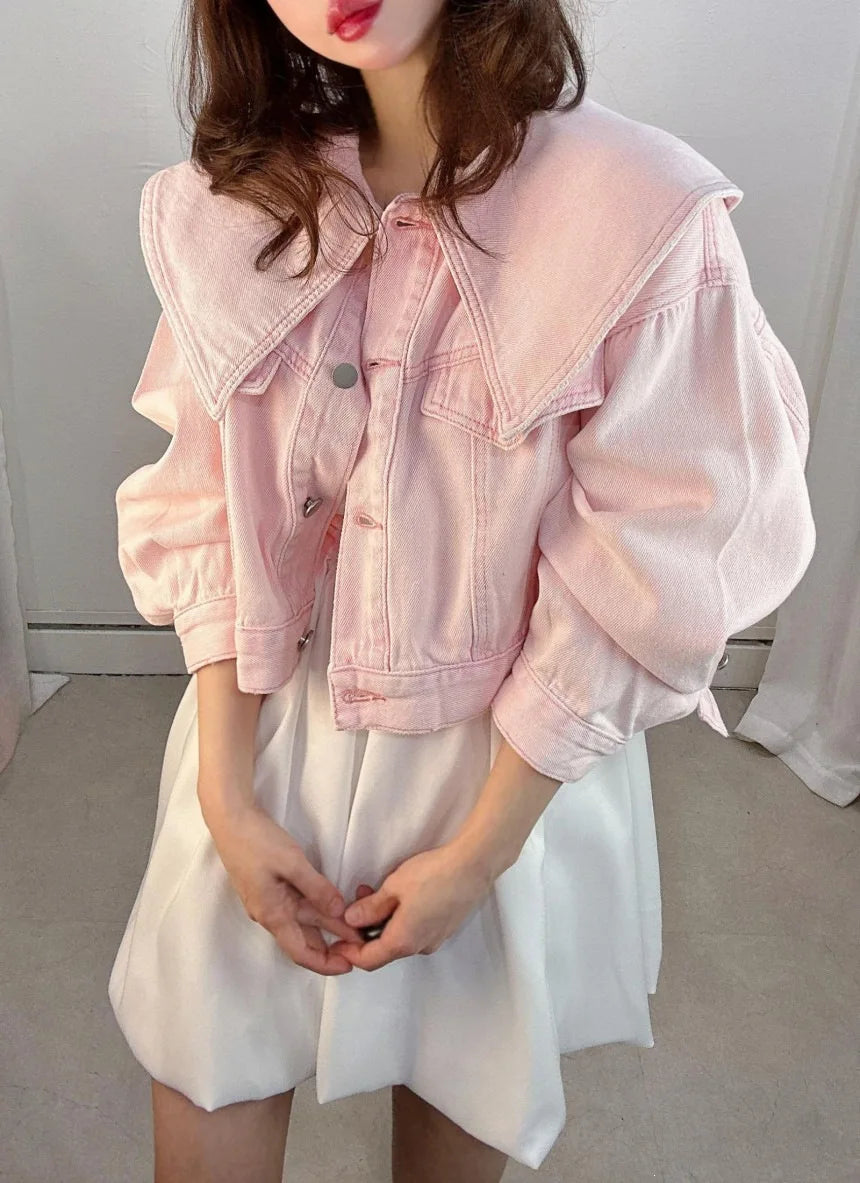 AIERTU  -  Autumn Korean Denim Jacket Women Big Peter Pan Collar Single Breasted Loose Short Jean Coat Sweet Casual Solid Outerwear Aiertu