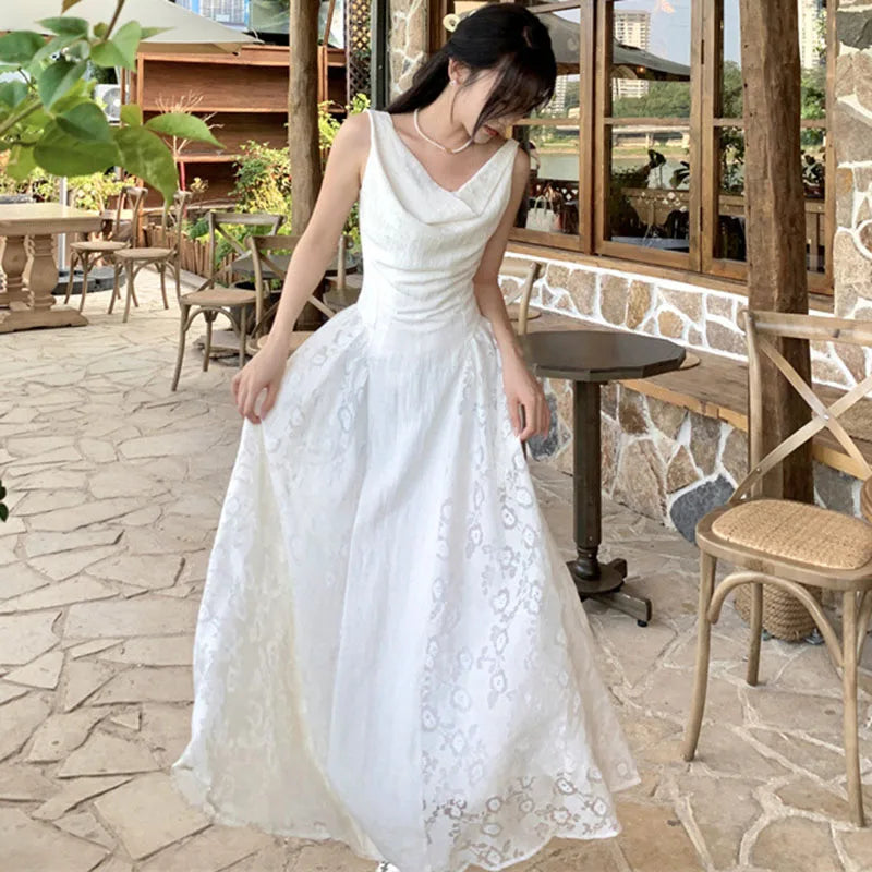 AIERTU  -  Women Dress Retro Lace Pattern Splicing Swinging Collar Sleeveless High Waist Solid Color Simple Vest Style Sling Long Dresses Aiertu