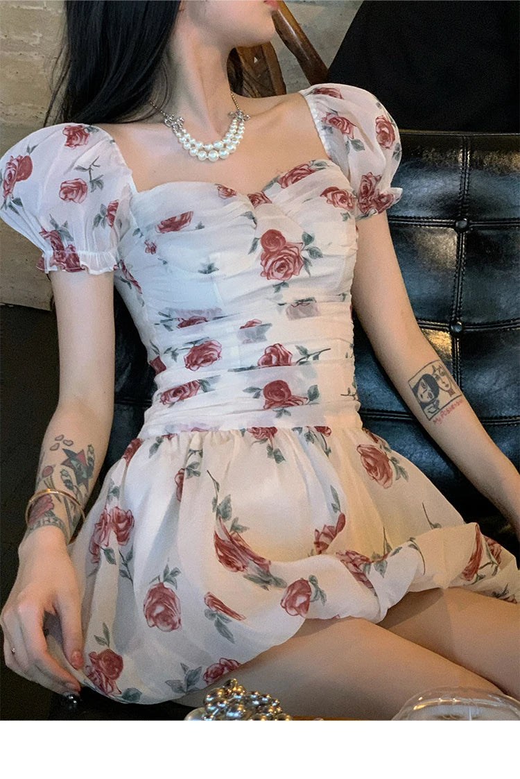 Aiertu Sweet Floral Sexy Strap Dress Women Folds Designer Casual  Mini Fairy Dress Female 2024 Summer Puff Sleeve Korean Princess Dress Aiertu