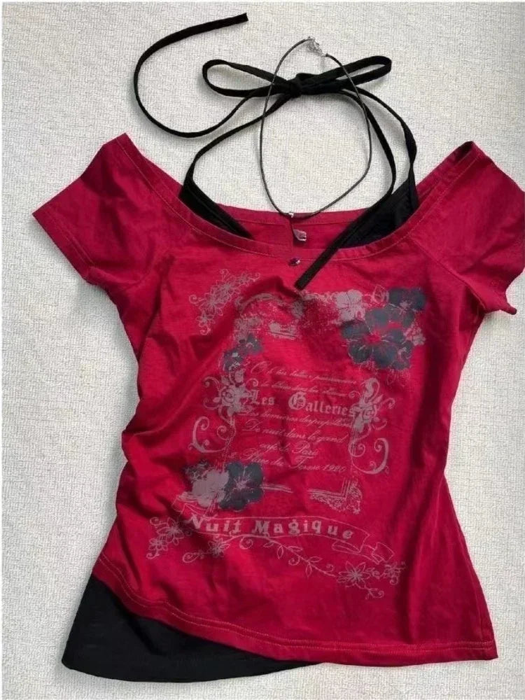 Aiertu Summer Fake Two Pieces Halter Bandage Vintage T-shirts Y2k Aesthetic Slim Crop Tops Women Grunge Print Harajuku Casual Sexy Tee Aiertu