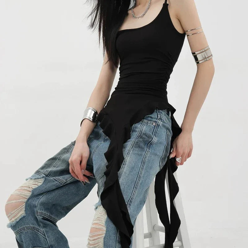 Aiertu Sexy Tank Top Asymmetrical Black Y2k Women Ruffle Grunge Backless Coquette Fashion Streetwear Tops Solid Aesthetics Aiertu