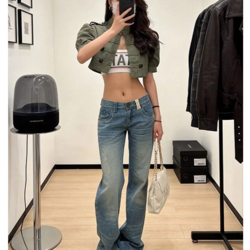 AIERTU  -  Summer Casual Wind Army Green Double-breasted Coat Women's Heavy Industry Retro Bubble Sleeve Short Jacket Top Aiertu