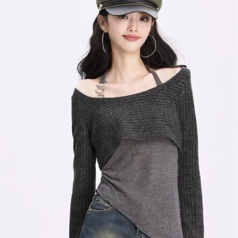 Y2k Off Shoulder Knitted Women T-shirts Set Sexy Korean Style Asymmetric Halter Tops Gyaru Crop Long Sleeve Autumn Tees Aiertu