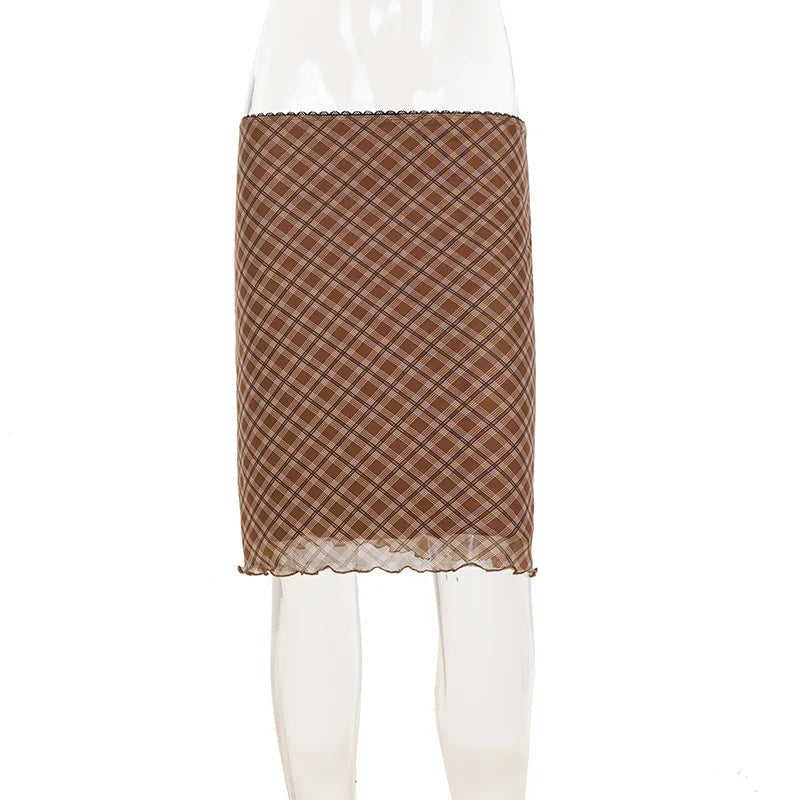 AIERTU  -  Plaid Midi Skirt High Waist Mesh A Line Skirt Brown Checkered Lace Trim Wavy Hem Vintage Streetwear Ladies Skirt Aiertu