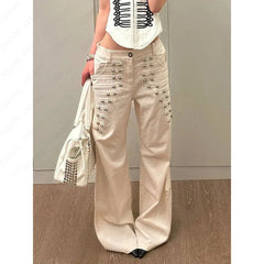 AIERTU  -  Subculture Gothic Cargo Pants Women High Waist Wide Leg Metal Buckle Full Length All Seasons Long Pants Trousers Pockets Casual Aiertu