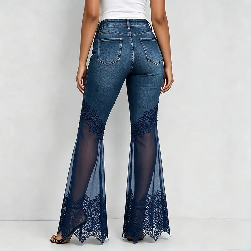 AIERTU  -  Blue Micro Flared Jeans Women High Waisted Multi Breasted Mesh Patchwork Denim Pants Vintage Slim Fit See Through Lace Trousers Aiertu