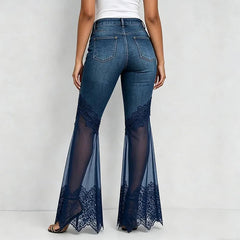AIERTU  -  Blue Micro Flared Jeans Women High Waisted Multi Breasted Mesh Patchwork Denim Pants Vintage Slim Fit See Through Lace Trousers Aiertu