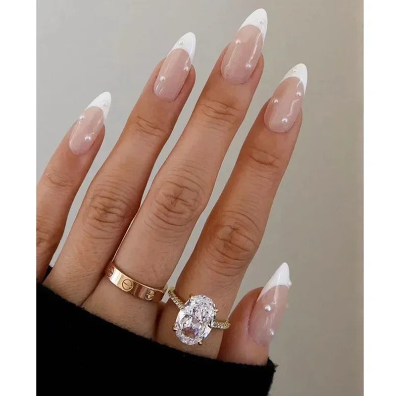 Aiertu 24Pcs Simple Green French False Nails Short Almond Fake Nails with Wave Line Design Wearable Round Head Press on Nail Tips Aiertu