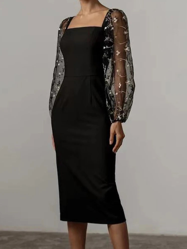 Aiertu Autumn White Dress Women Sexy See Through Lace Embroidery Long Dresses Female Elegant Square Collar Puff Sleeve Slim Party Dress Aiertu