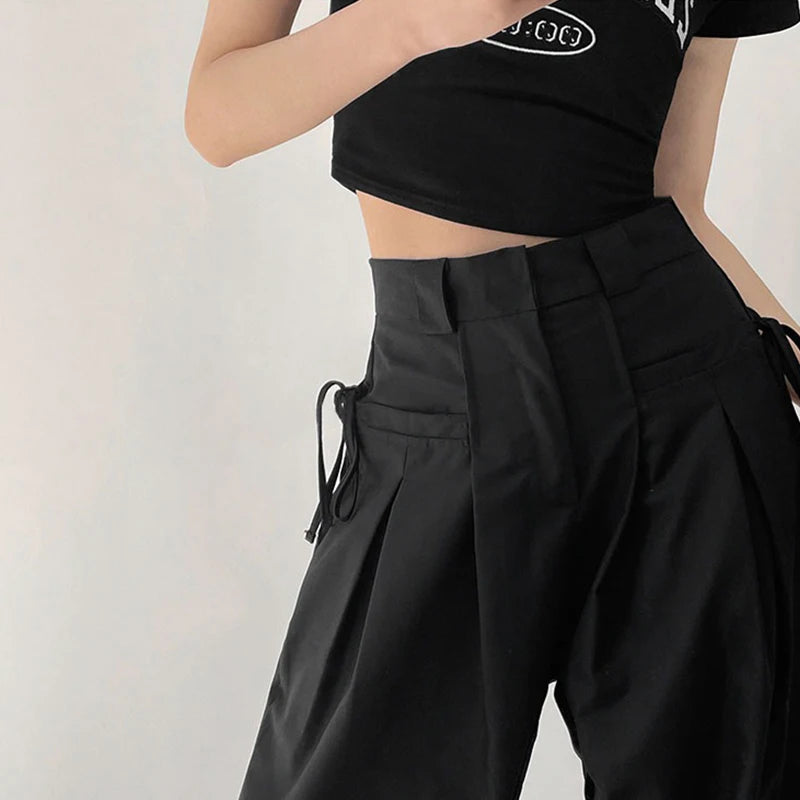 Aiertu Summer Japan Casual Style Solid Color High Waist Wide Leg Suit Pants Women's Fashion Loose Lace-up Full Length Trousers Aiertu