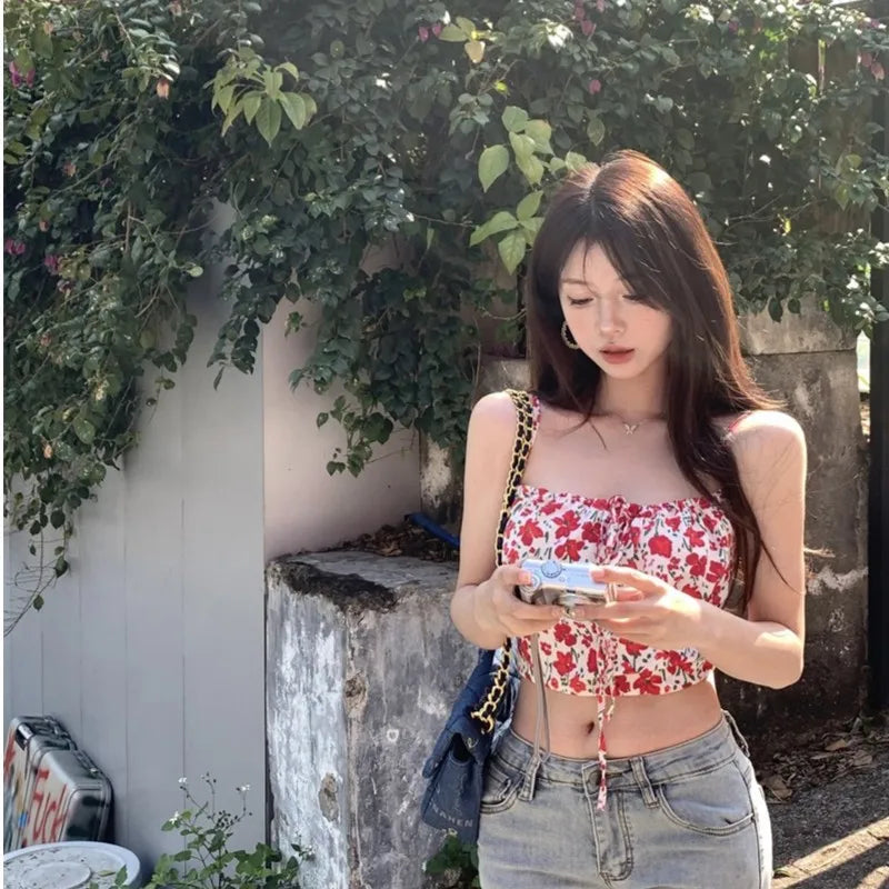 AIERTU  -  New Women Sweet Y2K Floral Print Crop Cami Top Backless Tie Up Sleeveless Slim Fit Summer Casual Outerwear & Innerwear Aiertu