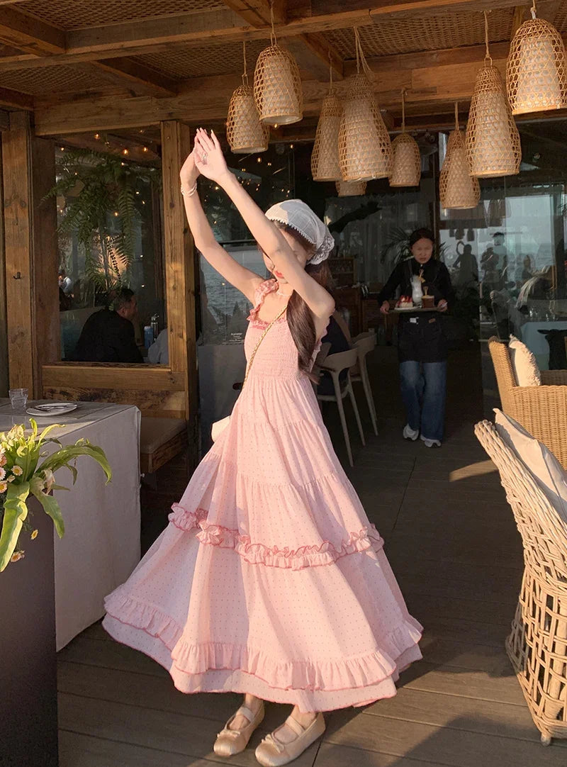 Aiertu Vintage Elegant Dot Pink Dress Women Ruffles Kawaii Y2k Short Party One Piece Dress Female Princess Korea Fashion Casual Clothes Aiertu