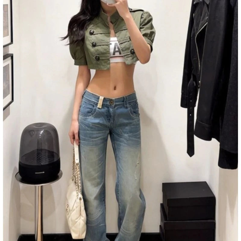 AIERTU  -  Summer Casual Wind Army Green Double-breasted Coat Women's Heavy Industry Retro Bubble Sleeve Short Jacket Top Aiertu
