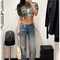 AIERTU  -  Summer Casual Wind Army Green Double-breasted Coat Women's Heavy Industry Retro Bubble Sleeve Short Jacket Top Aiertu