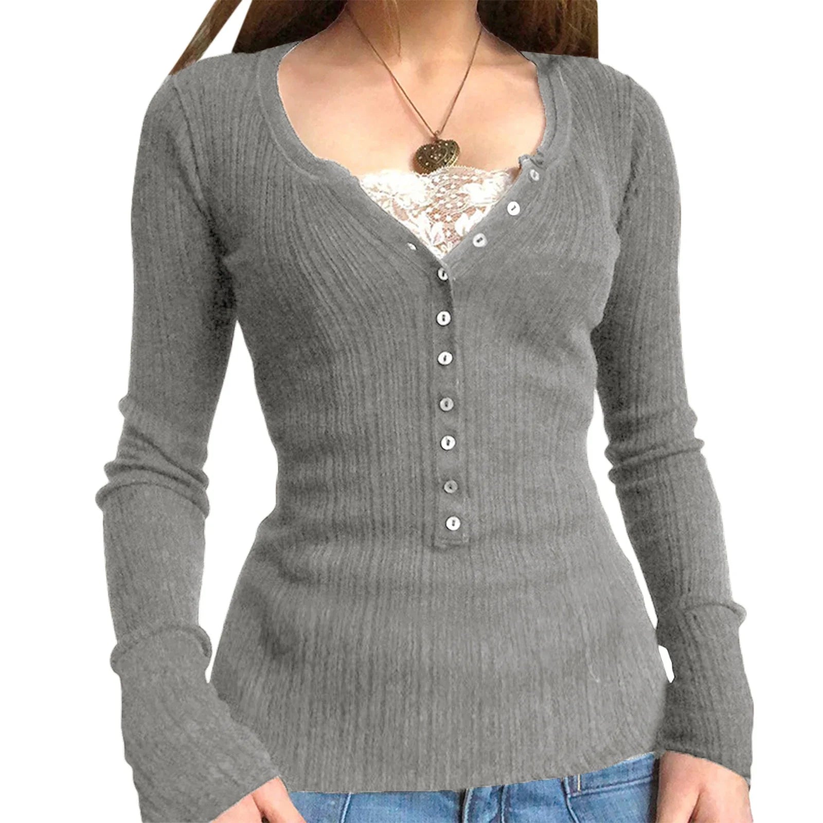 Aiertu FALL OUTFITS Womens Spring Autumn Slim Tops Black Long Sleeve Button Down Ribbed Skinny T-shirt Aiertu