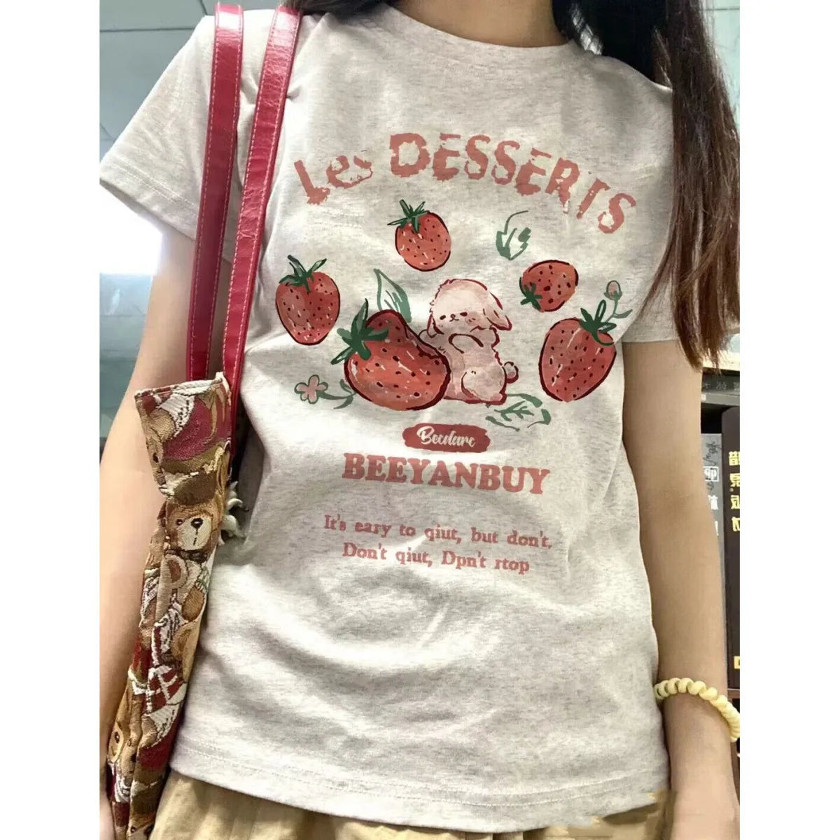Aiertu Y2k Aesthetic Summer New Cartoon Strawberry T-shirts Harajuku Short Sleeve Loose OCasual Tops Women O Neck All Match Casual Tees Aiertu