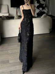 Aiertu Black Sexy Party Midi Dress Women Summer See-through Strap Y2k Dress Female Lace Chic Korean Fashion Slim Vintage Dress 2024 New Aiertu