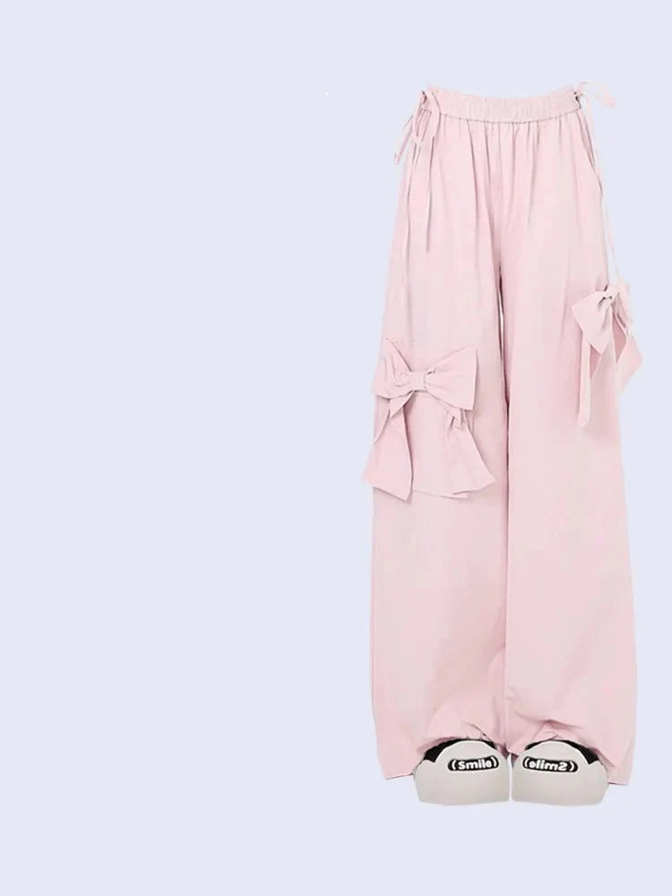 Aiertu Women Oversize Y2k Cargo Pants Baggy Vintage Streetwear Harajuku Pink Bow Pants High Waist Wide Leg Trouser 2000s Trashy Clothes Aiertu