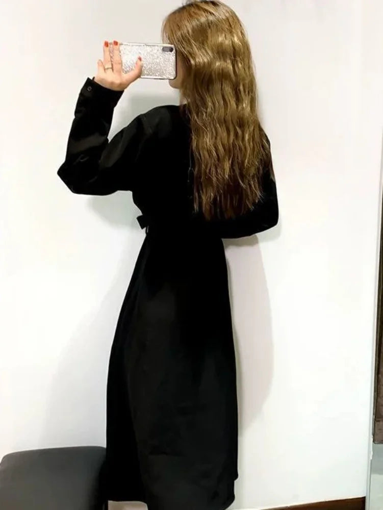 Aiertu Polo Black Shirt Dress Women Vintage Casual Long Sleeve Party Dresses Elegant Kpop Fashion Harajuku Robe Female Aiertu