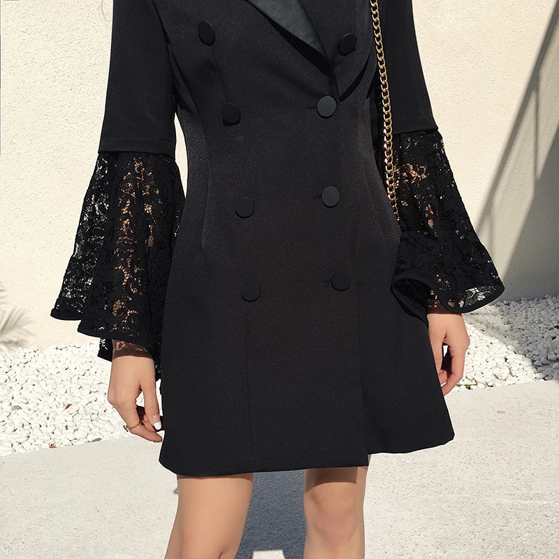 Aiertu Korea Fashion Designer Lace Patchwork Blazer Dress Women Autumn New Lapel Flare Sleeve Double Breasted Slim Waist Suit Clothes Aiertu