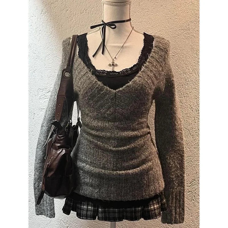 Aiertu Sexy Vintage V-neck Knitted Pullovers Women Early Y2k Grunge Sweaters Mujer Autumn Fashion Long Sleeve Pullovers Slim Aiertu