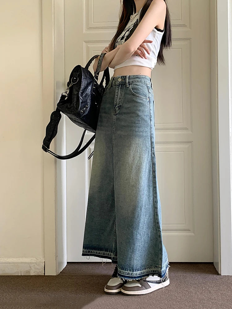 Aiertu Y2k Raw Edge Stitch Maxi Denim Skirt Plain Casual High Waist Long Jeans Skirt Korean Retro Women Streetwear Aiertu