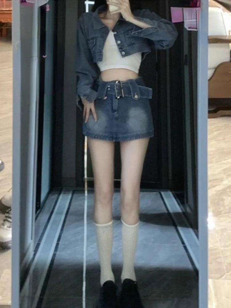 Aiertu Vintage Denim Suit Woman Slim Casual Short Cardigan + Sexy Bodycon Y2k Mini Skirt Elegant Korean Fashion Set 2024 Spring Chic Aiertu
