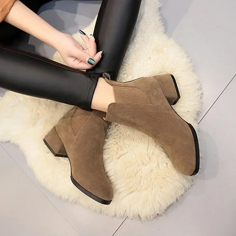 Women  Ankle Boots Autumn Winter  Boots Slip-on Round Toe 3.5cm Square Heel Solid Casual Black Camel Booties Size 35-43 Aiertu