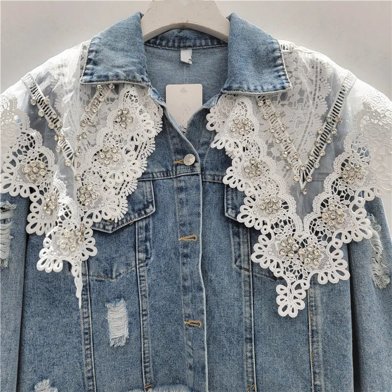 AIERTU  -  Lace Patchwork Denim Jackets Women Spring Autumn Korean Fashion Vintage Jaqueta Feminina Sweet Elegant Outwears Aiertu