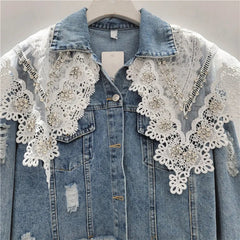 AIERTU  -  Lace Patchwork Denim Jackets Women Spring Autumn Korean Fashion Vintage Jaqueta Feminina Sweet Elegant Outwears Aiertu