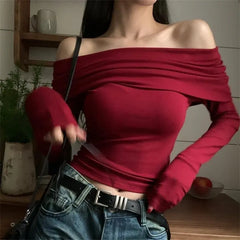Aiertu Sexy Tops Off Shoulder Long Sleeve Crop Top Women's Autumn/Winter New Spicy Girl Slim Fit Short Red T-shirt Aiertu