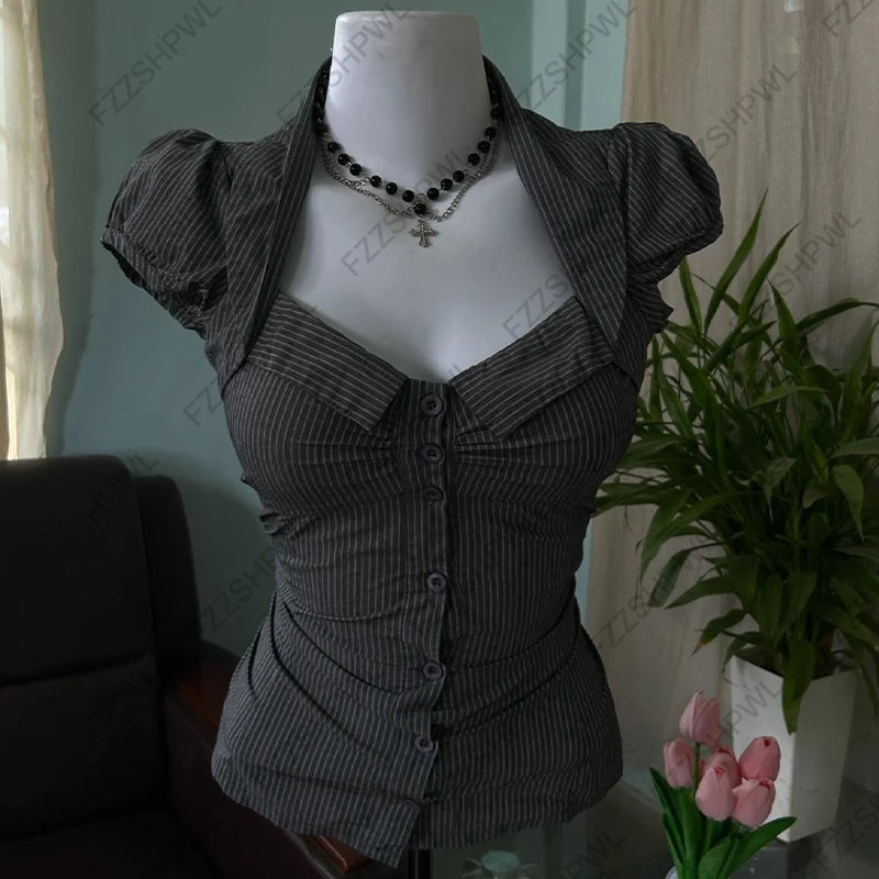 AIERTU  -  Gothic Women's Shirt Chic Aesthetic Grunge High Street American Style Striped Lace-up Slim Fit Fashion Hip Hop Short Sleeve Tops Aiertu