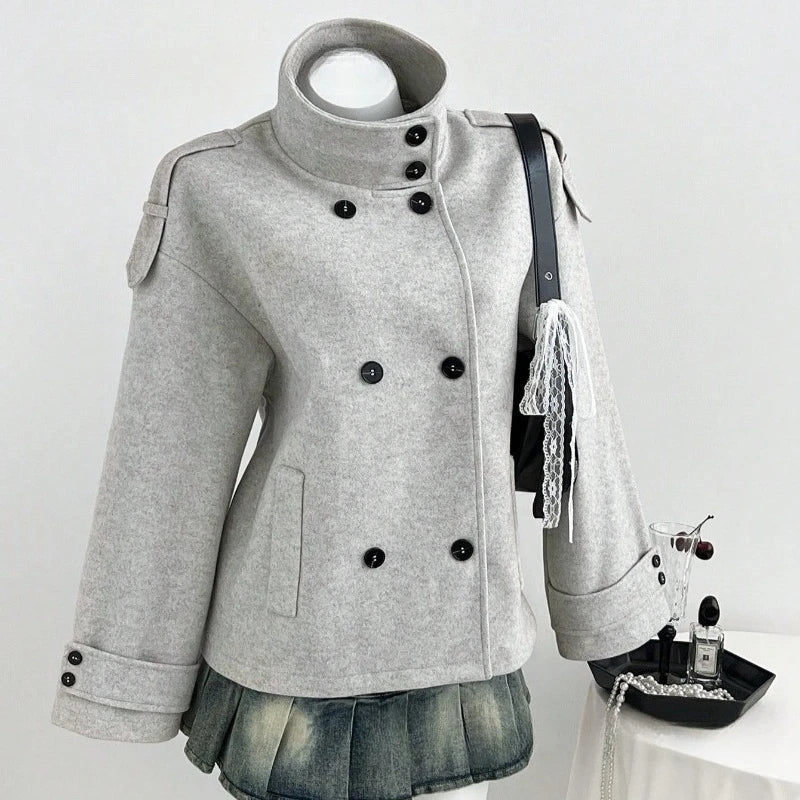 AIERTU  -  Women Double Breasted Jackets Solid Thick Stand Collar Outerwear Cropped Korean Style Retro Loose Fit Fall Winter Short Coats Aiertu