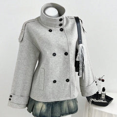 AIERTU  -  Women Double Breasted Jackets Solid Thick Stand Collar Outerwear Cropped Korean Style Retro Loose Fit Fall Winter Short Coats Aiertu