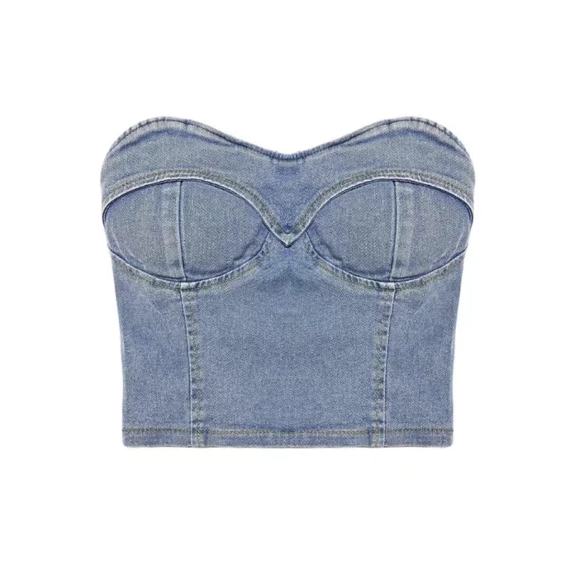 Aiertu Denim Blue Sets Women Strapless Washed Slim Tanks Bow Designed Chic Mini Skirts Sexy Clubwear Summer Outfits Aesthetic Ruffles Aiertu