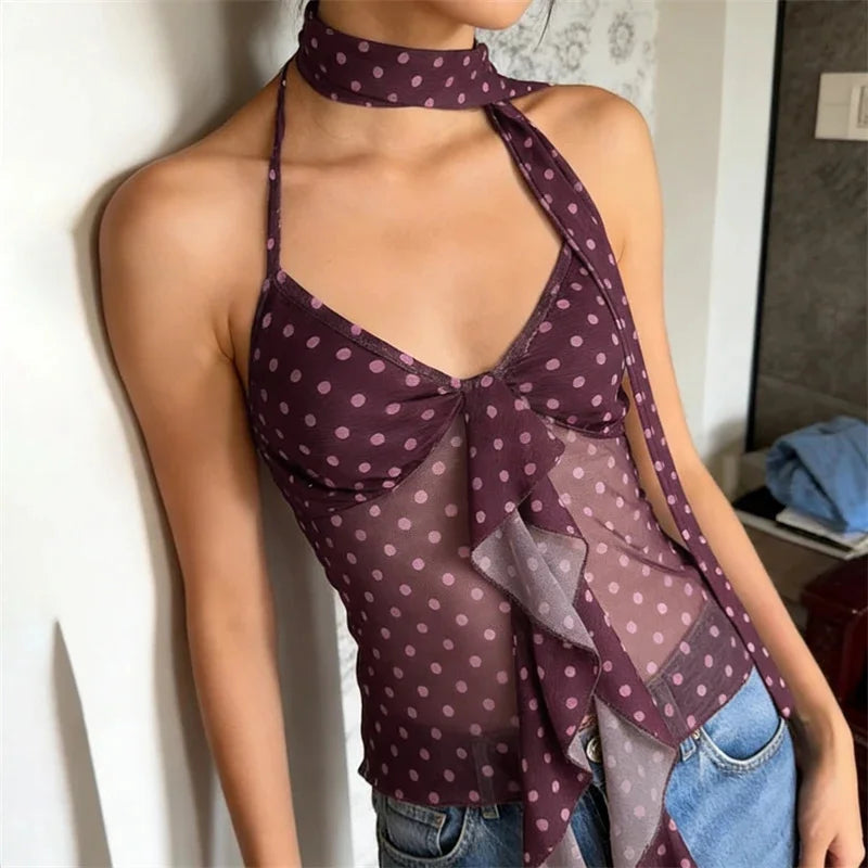 AIERTU  -  Vintage Polka Dot Lettuce Edge Aline Halter Tie Cami Mesh Splice Sleeveless Top For Women Party Date Night Romantic Birthday Aiertu