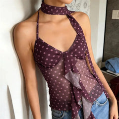 AIERTU  -  Vintage Polka Dot Lettuce Edge Aline Halter Tie Cami Mesh Splice Sleeveless Top For Women Party Date Night Romantic Birthday Aiertu