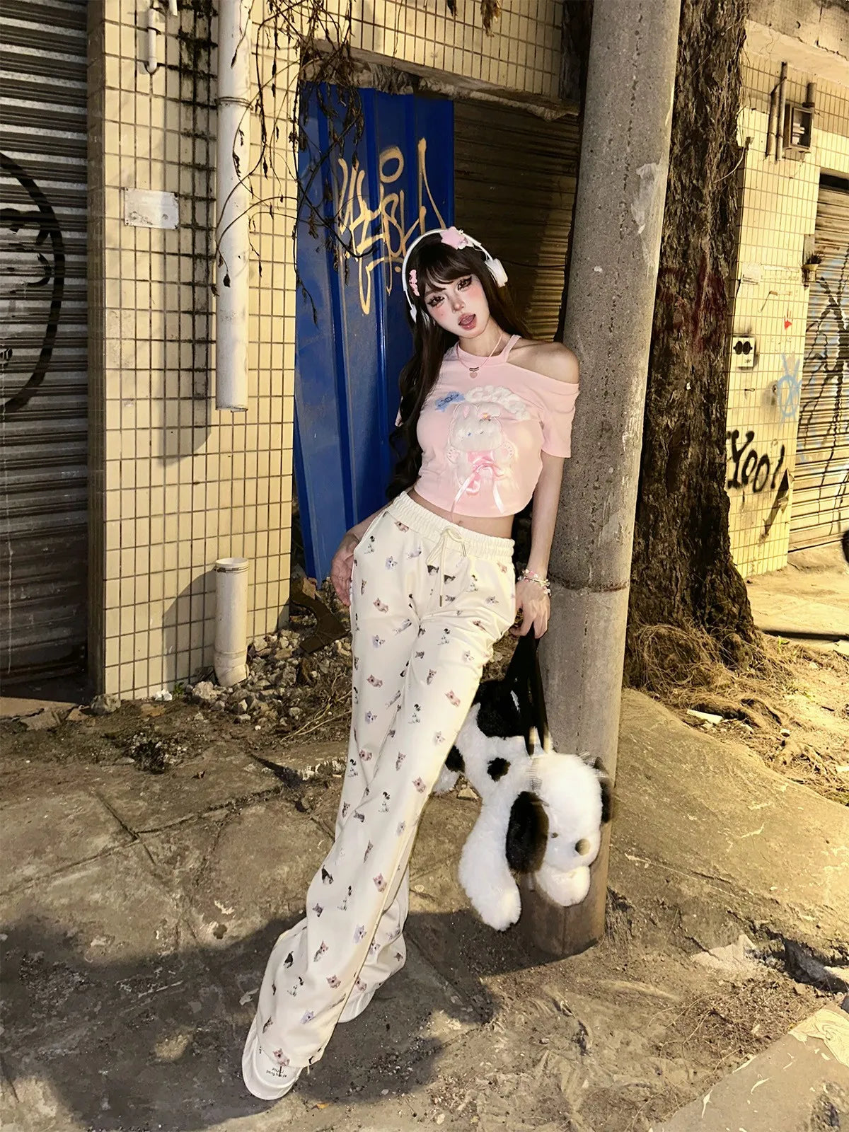 Aiertu Cat print slim casual pants Aiertu
