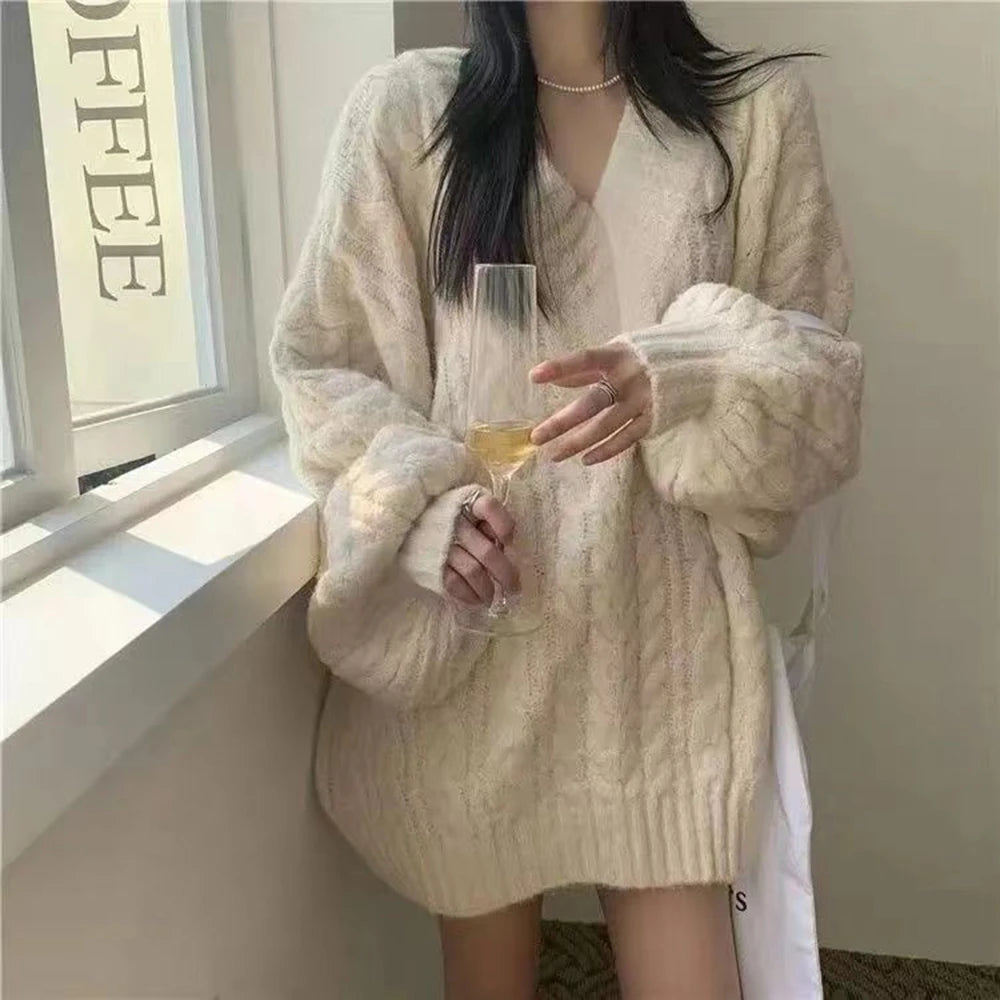 V-Neck Thickened Fried Dough Twists Sweater Autumn and Winter Loose Outwear Lazy and Gentle Design Small Warm Knit Top Aiertu