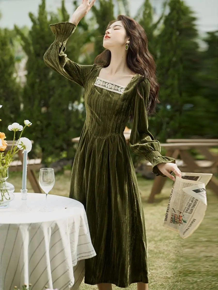 Aiertu Elegant Vintage Velvet Midi Dress Women Lace Patchwork Slim Korean Fairy Dress Female 2024 Spring Fashion Casual Party Dress Y2k Aiertu