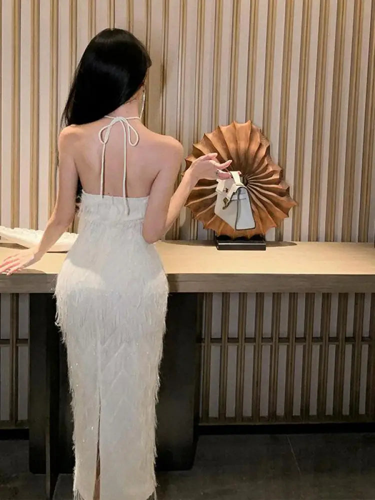Aiertu White Halter Tassel Bandage Dress Women Summer Backless Sexy Club Dress Luxury Elegant Temperament Party Evening Dresses Aiertu