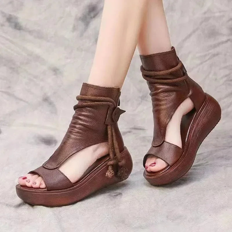 Aiertu Vintage Leather Cool Boots Mid Heels Wedges Shoes Women Ladies Strap Casual Sandalias Fashion Rear Zipper Sandals Spring Summer Aiertu