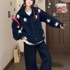 AIERTU  -  Korean Style Star Sweater Cardigan Knit Autumn Winter Lazy Style Loose New Lapel Coat Fashion High End Niche Women Aiertu
